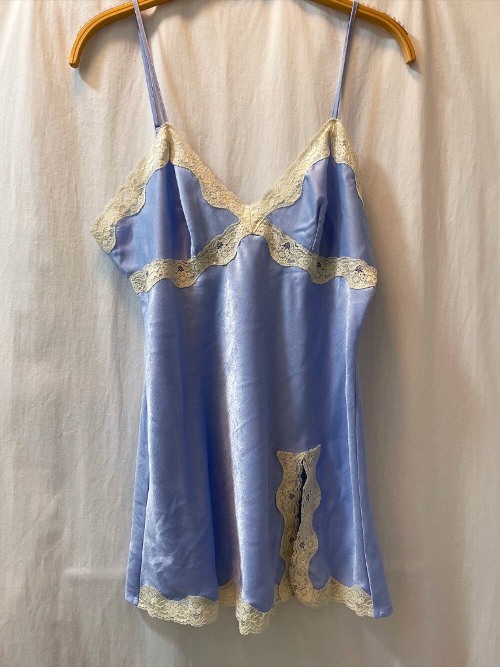 Y2K Vintage Blue Silk Lace Slip Dress/Top | Satin Chemise Lingerie Small